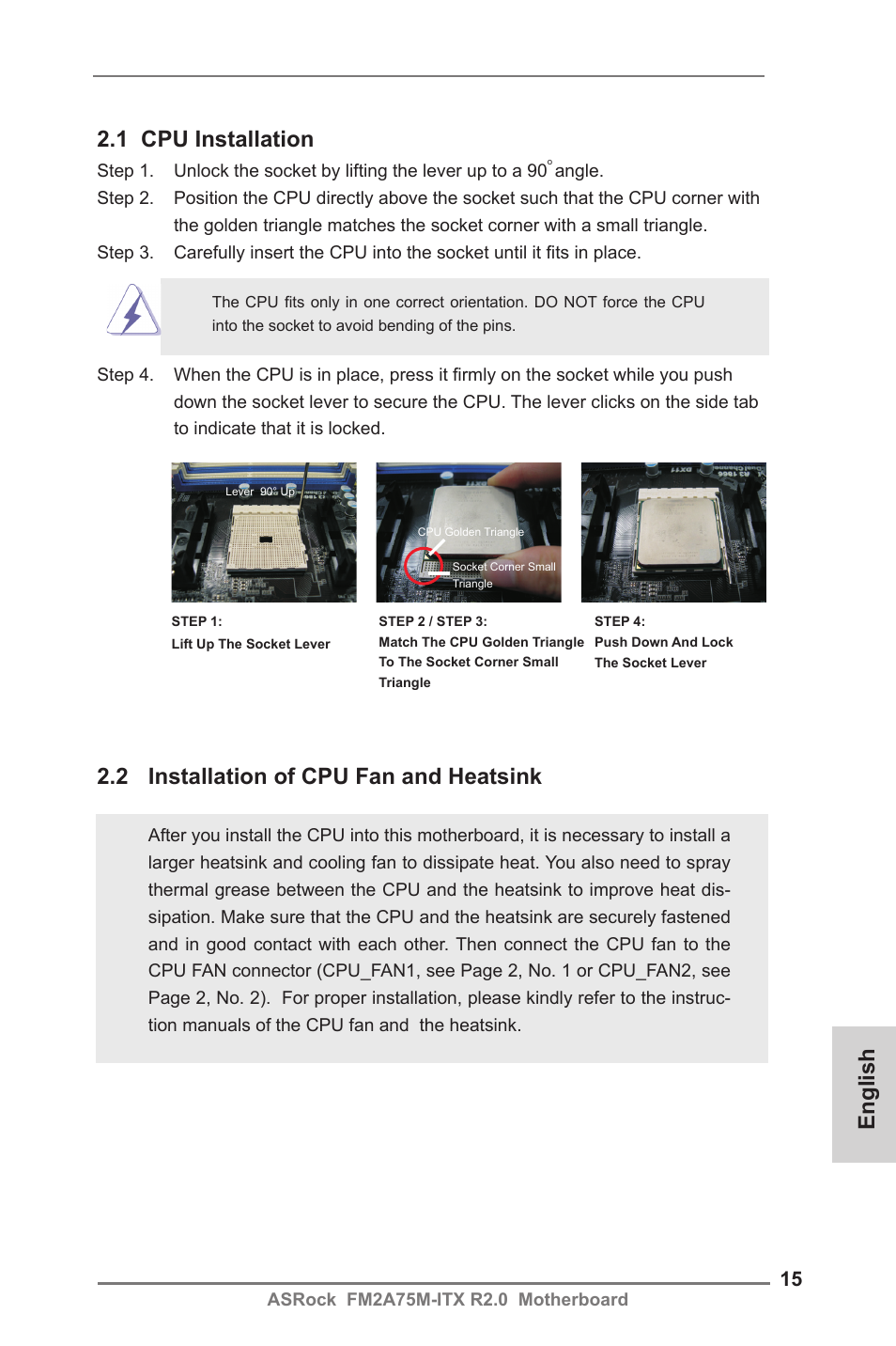 English 2.1 cpu installation, 2 installation of cpu fan and heatsink | ASRock FM2A75M-ITX R2.0 User Manual | Page 15 / 146
