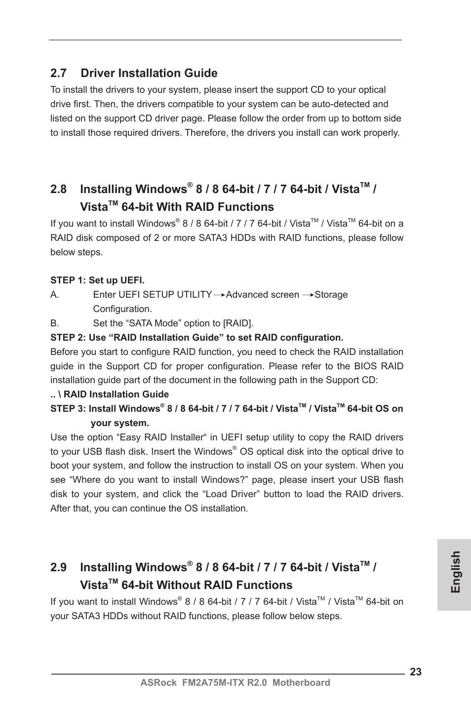 English 2.7 driver installation guide, 9 installing windows, Vista | Bit without raid functions, 8 installing windows, Bit with raid functions | ASRock FM2A75M-ITX R2.0 User Manual | Page 23 / 146
