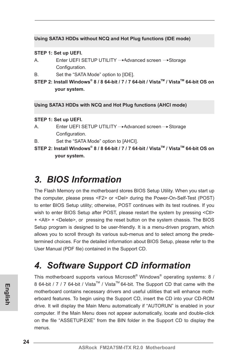Bios information, Software support cd information, English | ASRock FM2A75M-ITX R2.0 User Manual | Page 24 / 146