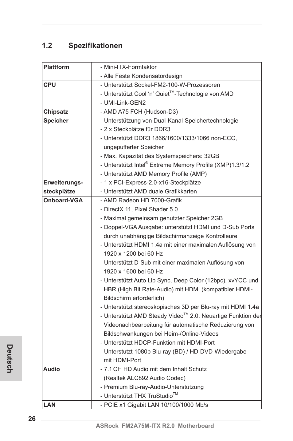 Deutsch 1.2 spezifikationen | ASRock FM2A75M-ITX R2.0 User Manual | Page 26 / 146