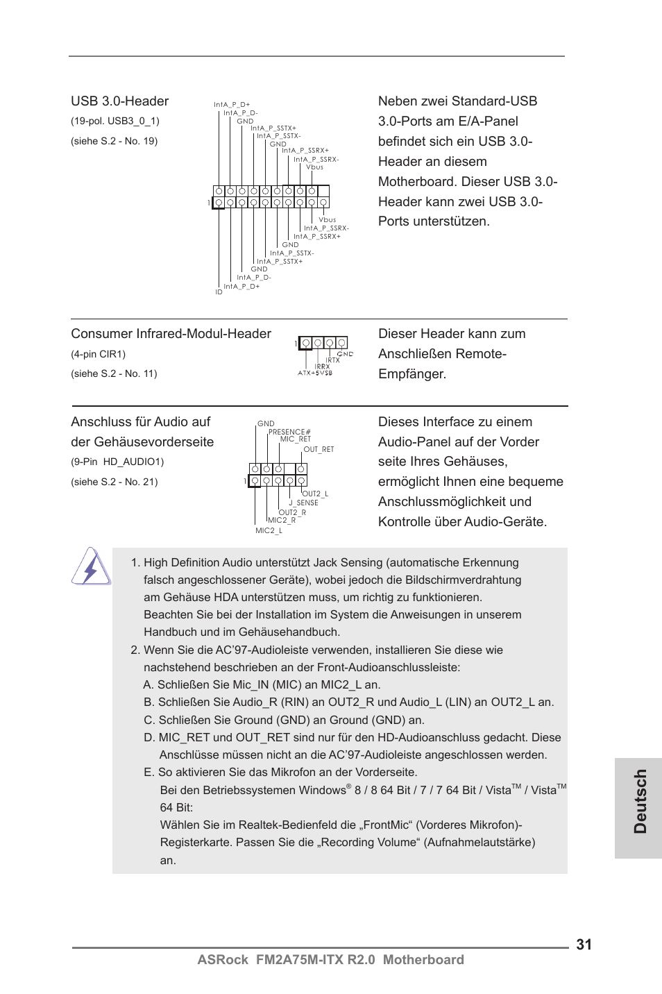 Deutsch, Seite ihres gehäuses, Anschließen remote | Empfänger, Usb 3.0-header neben zwei standard-usb, Ports am e/a-panel | ASRock FM2A75M-ITX R2.0 User Manual | Page 31 / 146