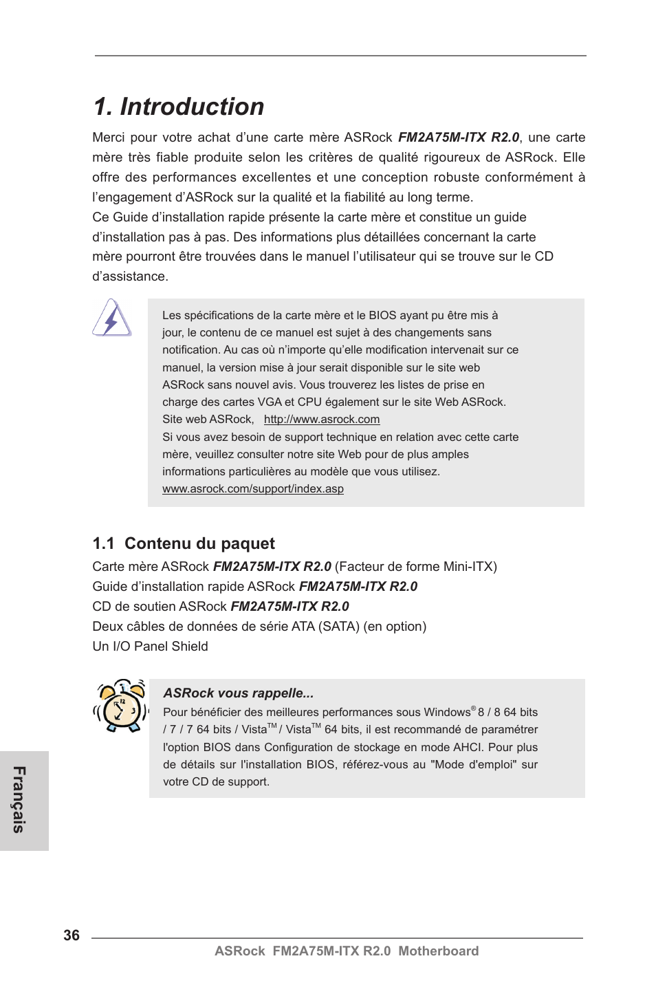 French, Introduction, 1 contenu du paquet | Français | ASRock FM2A75M-ITX R2.0 User Manual | Page 36 / 146