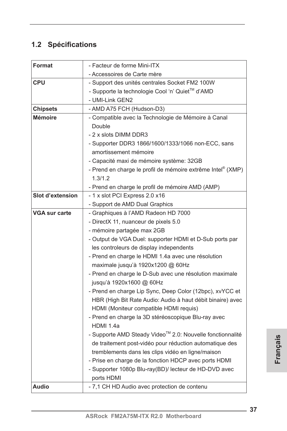 Français 1.2 spécifications | ASRock FM2A75M-ITX R2.0 User Manual | Page 37 / 146