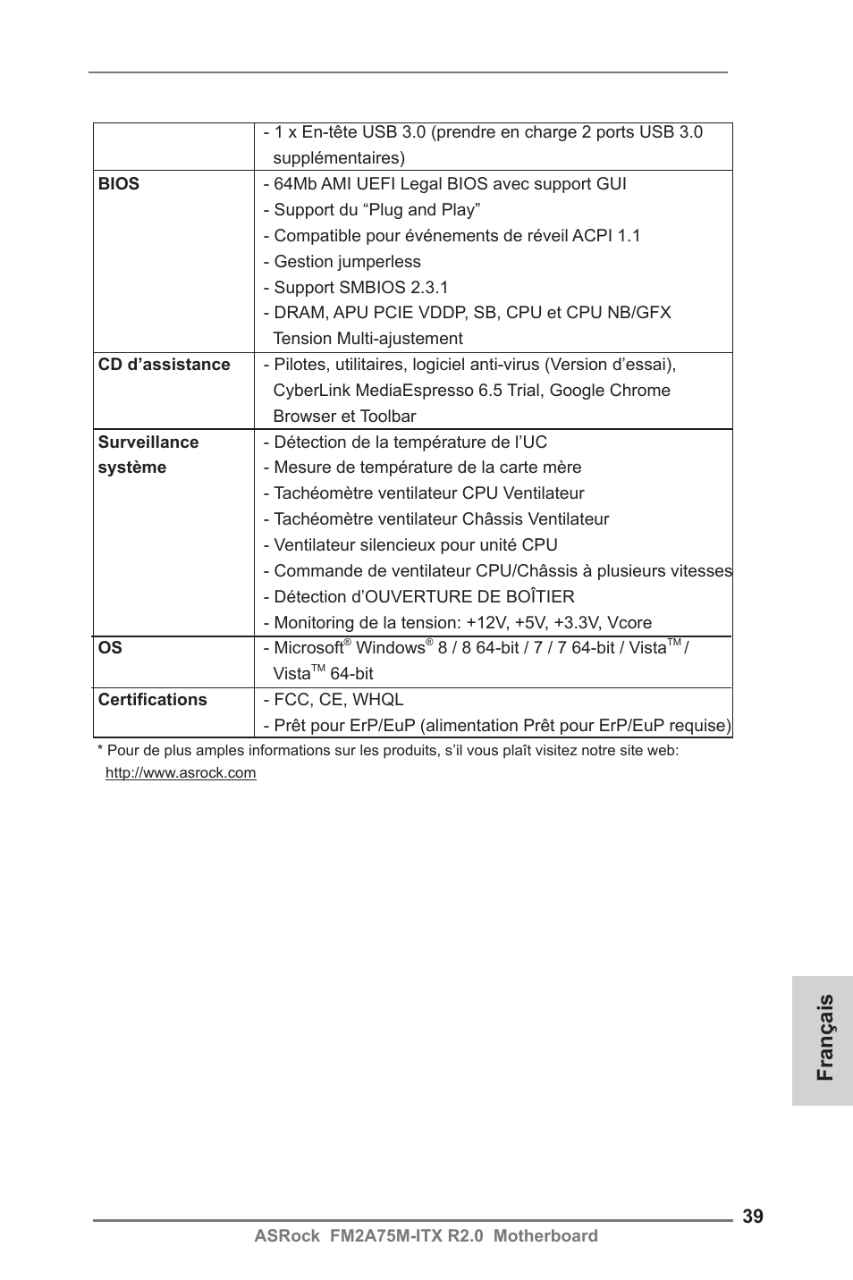 Français | ASRock FM2A75M-ITX R2.0 User Manual | Page 39 / 146
