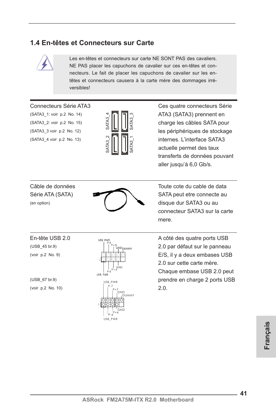 Français, 4 en-têtes et connecteurs sur carte | ASRock FM2A75M-ITX R2.0 User Manual | Page 41 / 146