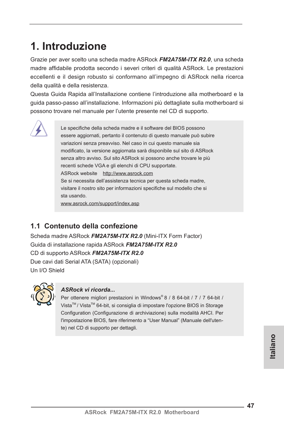 Italian, Introduzione, Italiano | 1 contenuto della confezione | ASRock FM2A75M-ITX R2.0 User Manual | Page 47 / 146