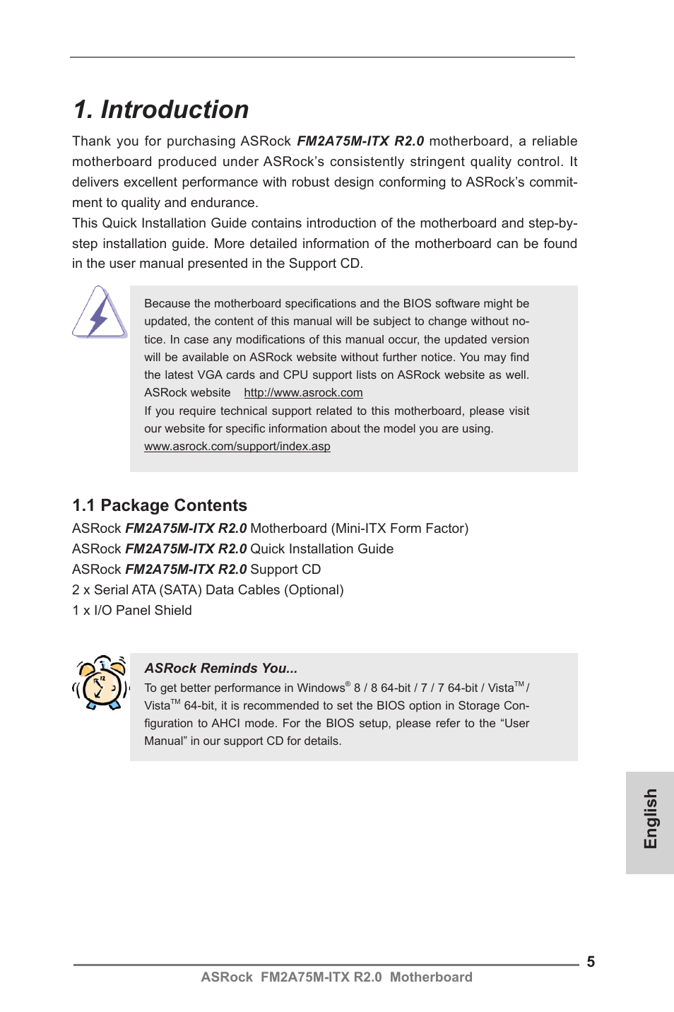 Introduction, English, 1 package contents | ASRock FM2A75M-ITX R2.0 User Manual | Page 5 / 146
