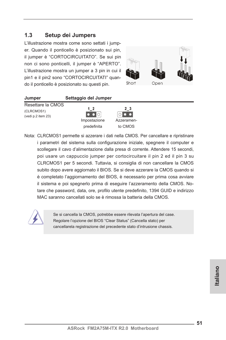 Italiano 1.3 setup dei jumpers | ASRock FM2A75M-ITX R2.0 User Manual | Page 51 / 146