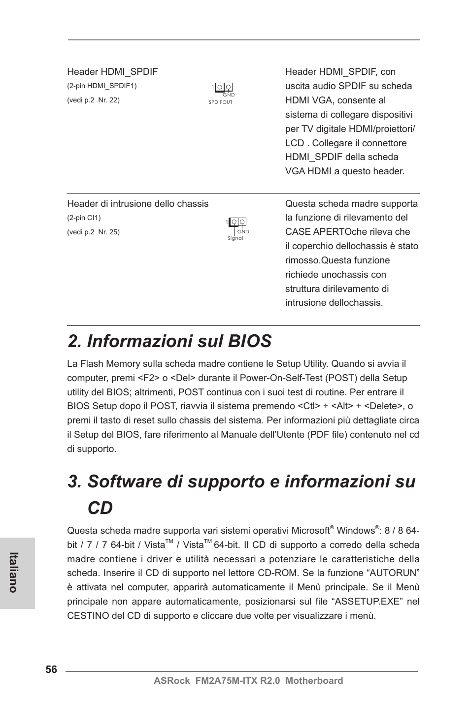 Informazioni sul bios, Software di supporto e informazioni su cd, Italiano | ASRock FM2A75M-ITX R2.0 User Manual | Page 56 / 146
