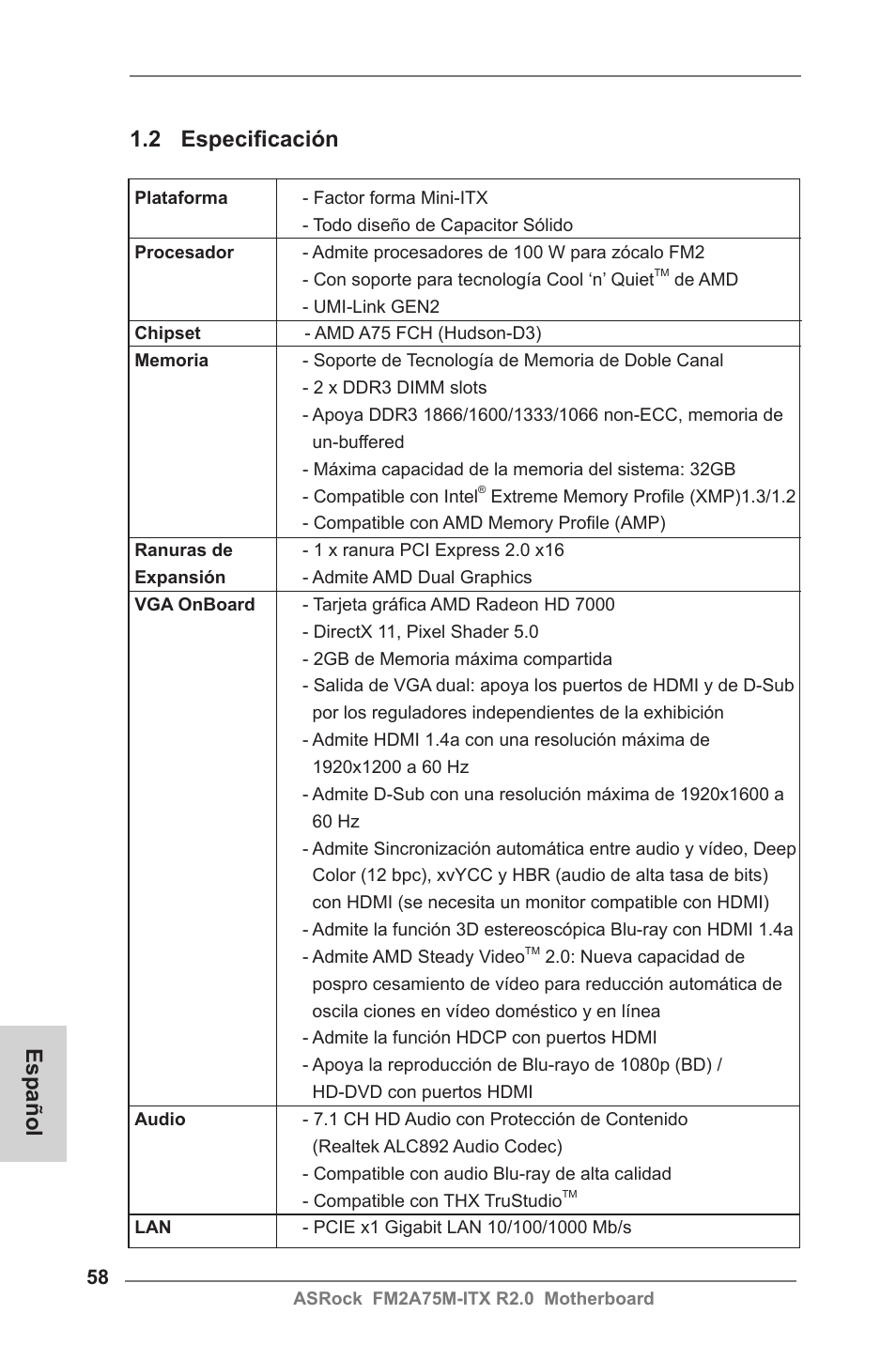 2 especificación, Español | ASRock FM2A75M-ITX R2.0 User Manual | Page 58 / 146