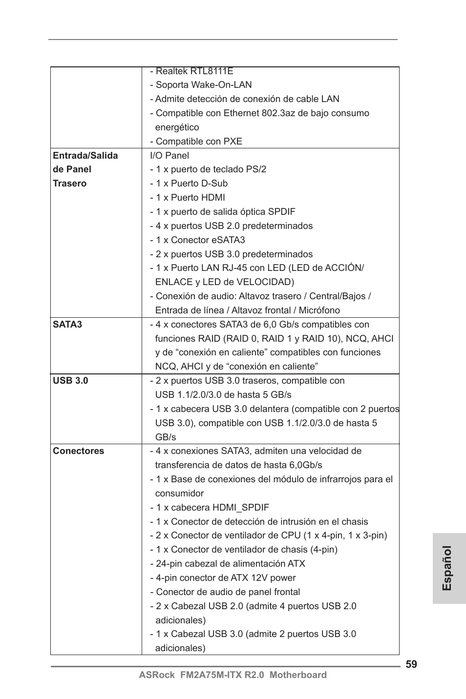Español | ASRock FM2A75M-ITX R2.0 User Manual | Page 59 / 146