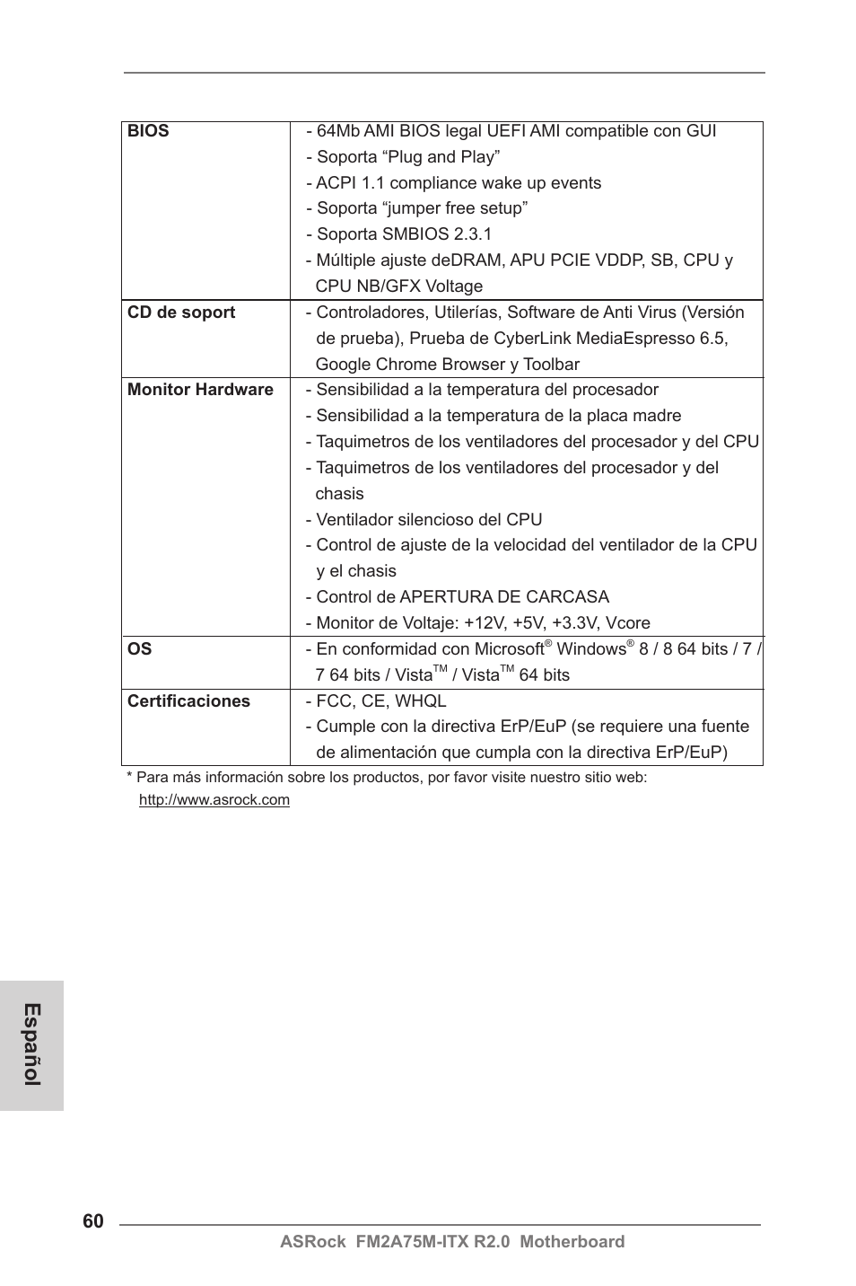 Español | ASRock FM2A75M-ITX R2.0 User Manual | Page 60 / 146