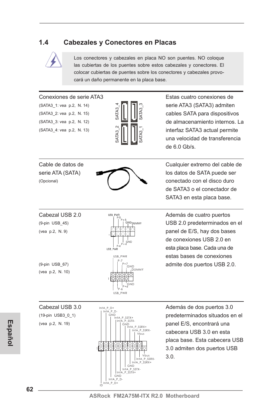 4 cabezales y conectores en placas, Español | ASRock FM2A75M-ITX R2.0 User Manual | Page 62 / 146