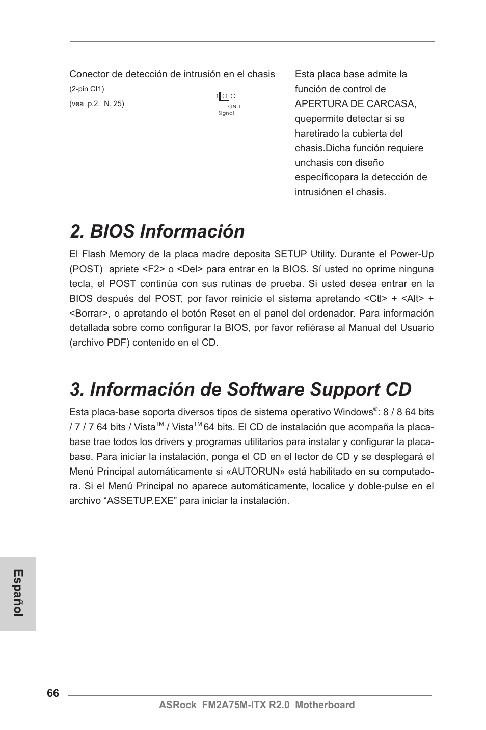 Bios información, Información de software support cd, Español | ASRock FM2A75M-ITX R2.0 User Manual | Page 66 / 146