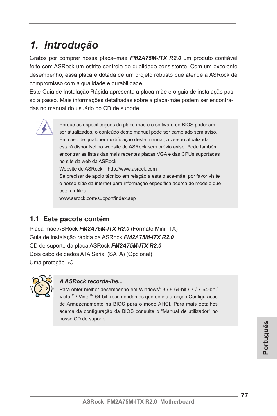 Portuguese, Introdução, Português | 1 este pacote contém | ASRock FM2A75M-ITX R2.0 User Manual | Page 77 / 146