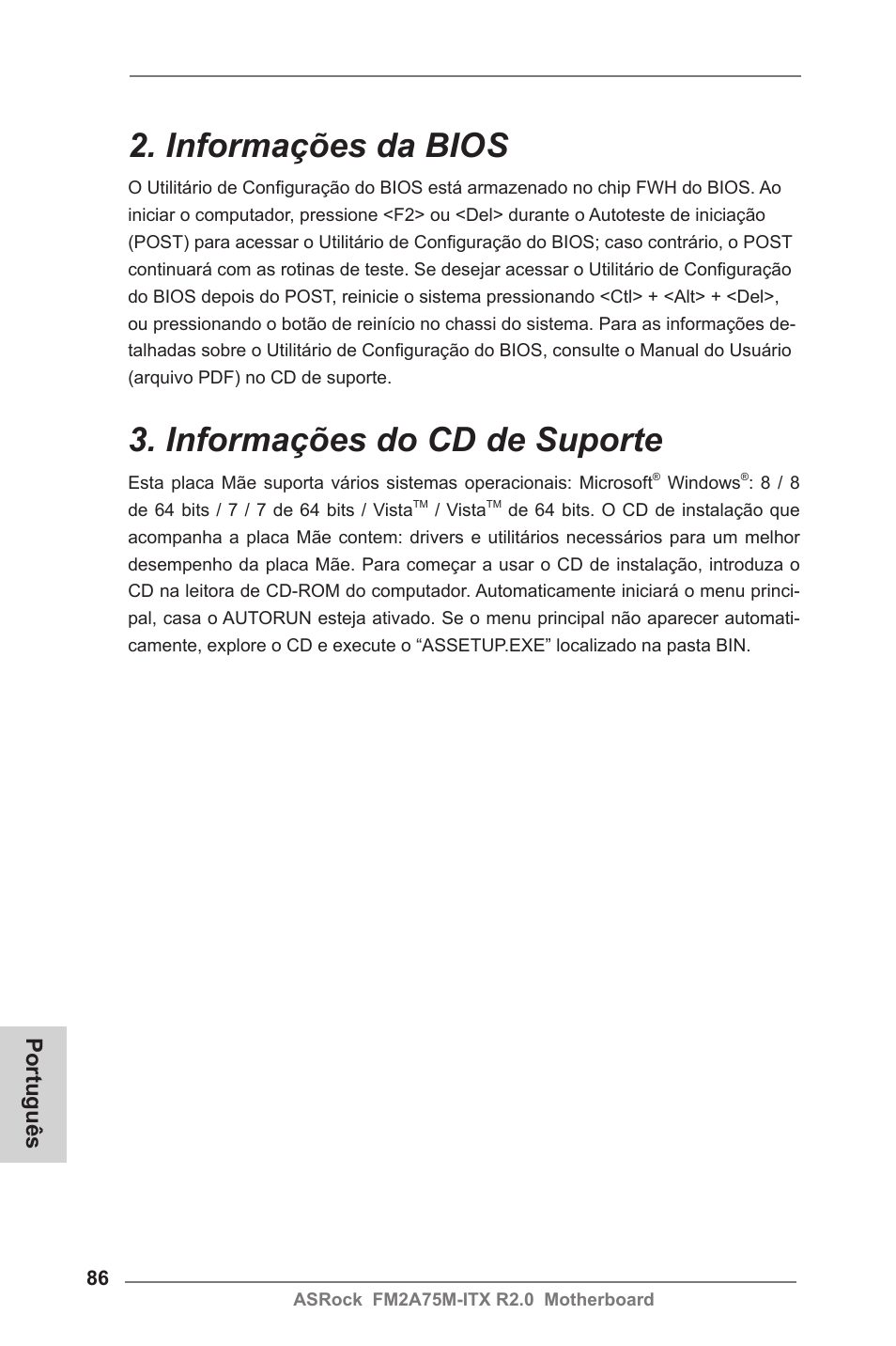 Informações da bios, Informações do cd de suporte, Português | ASRock FM2A75M-ITX R2.0 User Manual | Page 86 / 146