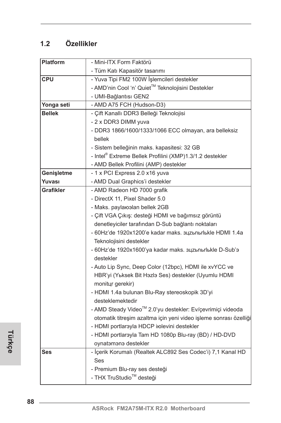 Türkçe 1.2 özellikler | ASRock FM2A75M-ITX R2.0 User Manual | Page 88 / 146
