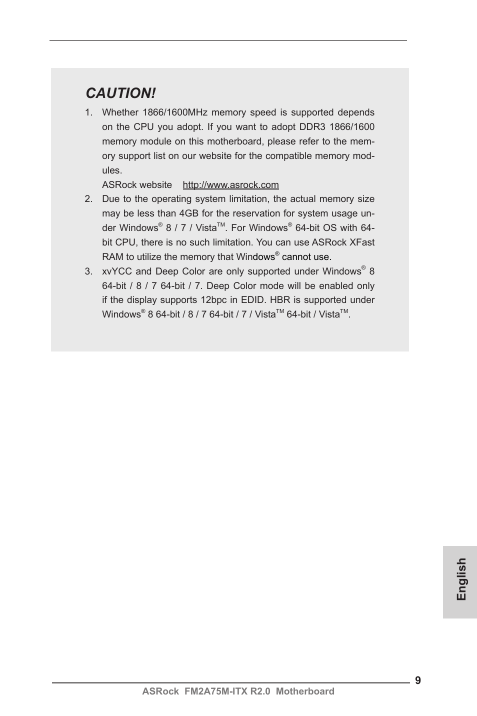 Caution, English | ASRock FM2A75M-ITX R2.0 User Manual | Page 9 / 146