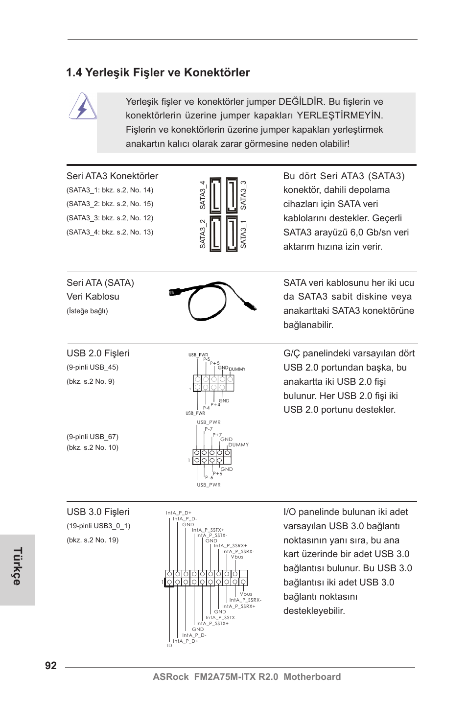 4 yerleşik fişler ve konektörler, Türkçe | ASRock FM2A75M-ITX R2.0 User Manual | Page 92 / 146