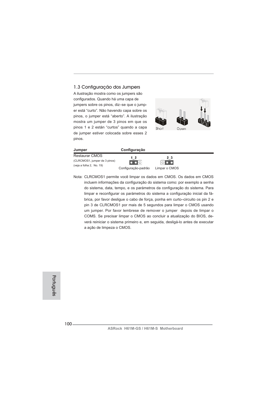 Po rtuguês 1.3 configuração dos jumpers | ASRock H61M-S User Manual | Page 100 / 162