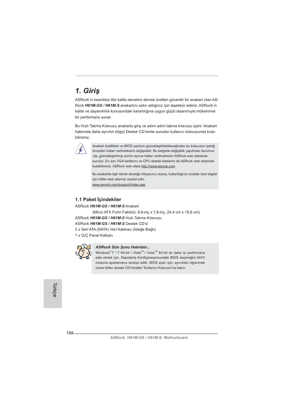 Turkish, Giriş | ASRock H61M-S User Manual | Page 106 / 162