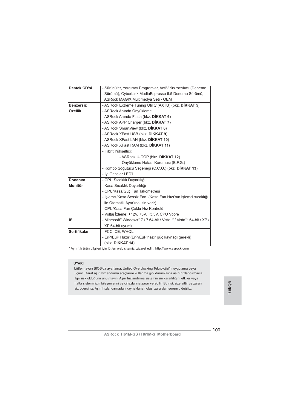 Türkçe | ASRock H61M-S User Manual | Page 109 / 162