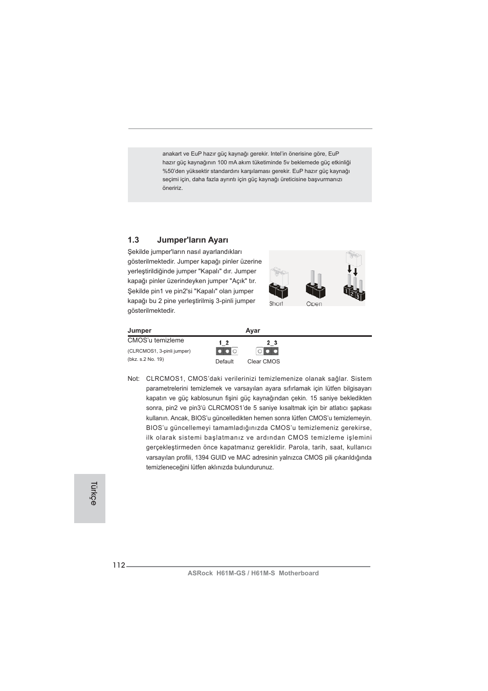 3 jumper'ların ayarı, Türkçe | ASRock H61M-S User Manual | Page 112 / 162