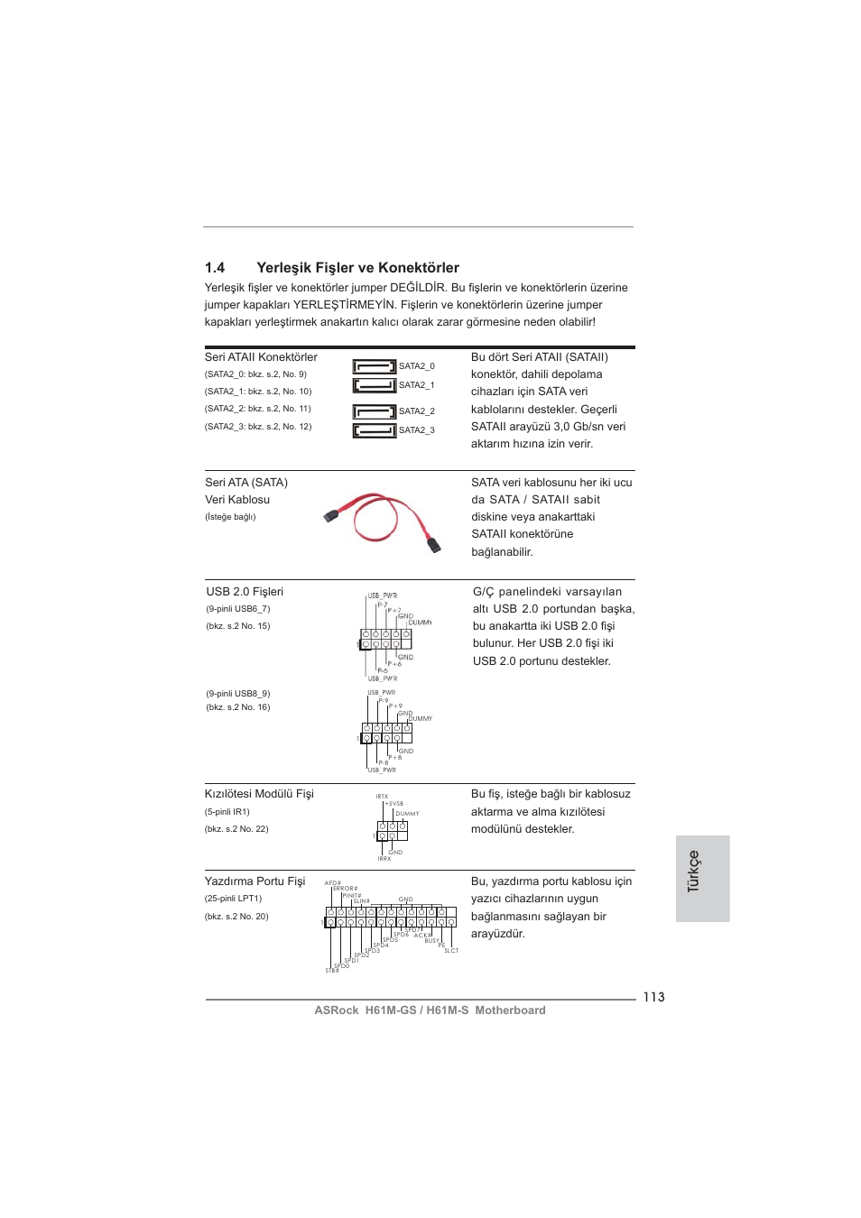 Türkçe 1.4 yerleşik fişler ve konektörler | ASRock H61M-S User Manual | Page 113 / 162