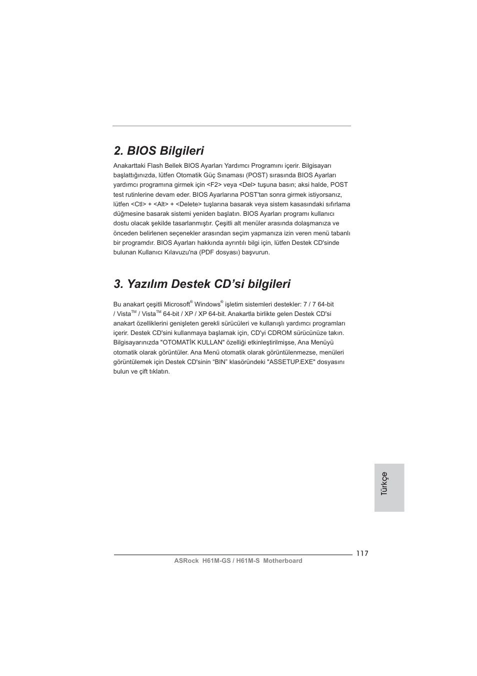 Bios bilgileri, Yazılım destek cd’si bilgileri, Türkçe | ASRock H61M-S User Manual | Page 117 / 162