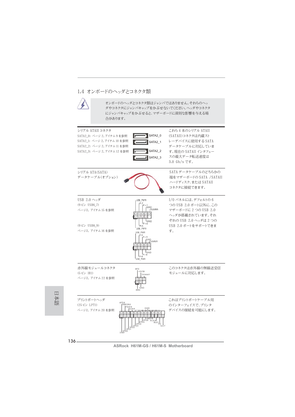 4 オンボードのヘッダとコネクタ類 | ASRock H61M-S User Manual | Page 136 / 162
