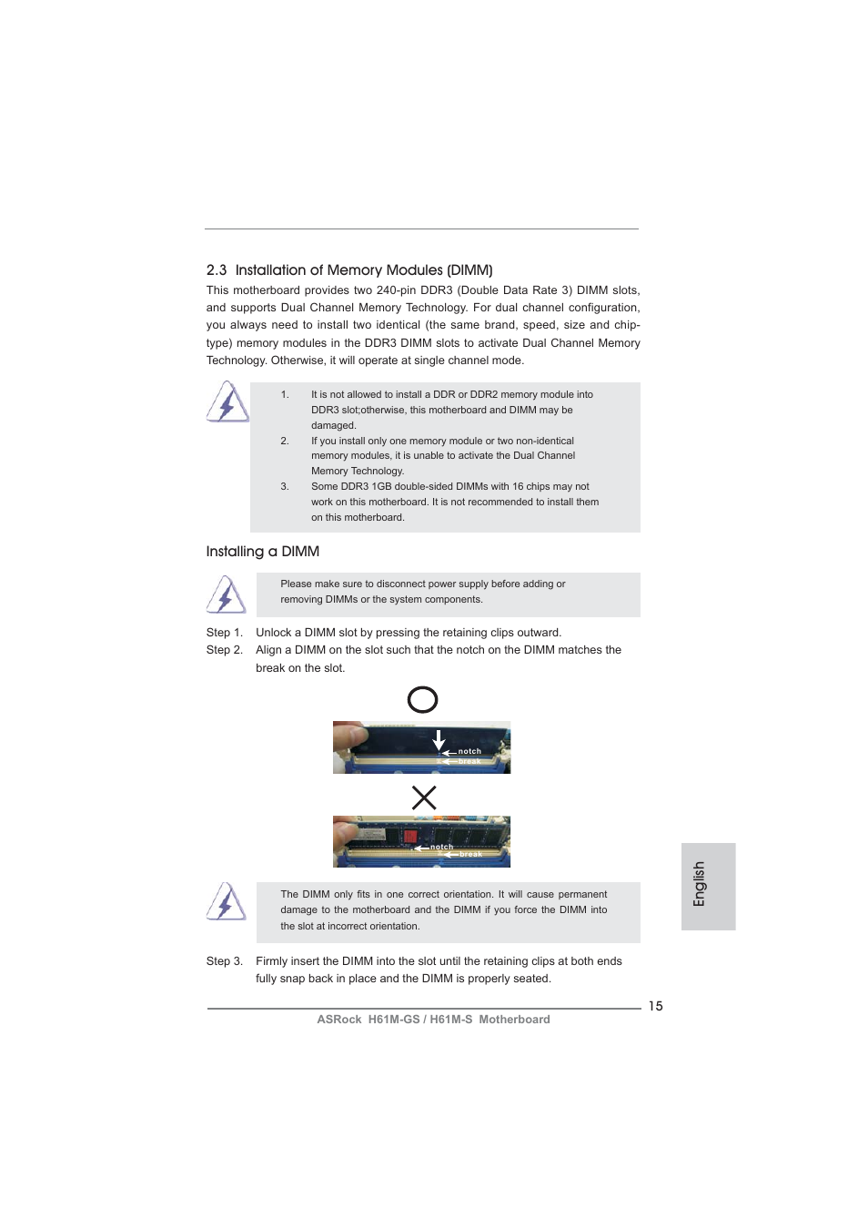 Installing a dimm | ASRock H61M-S User Manual | Page 15 / 162