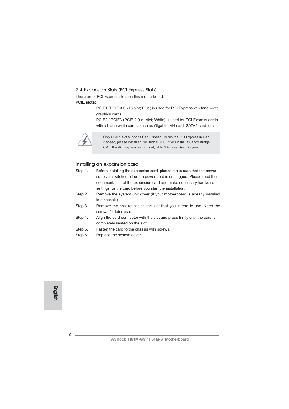 English 2.4 expansion slots (pci express slots), Installing an expansion card | ASRock H61M-S User Manual | Page 16 / 162