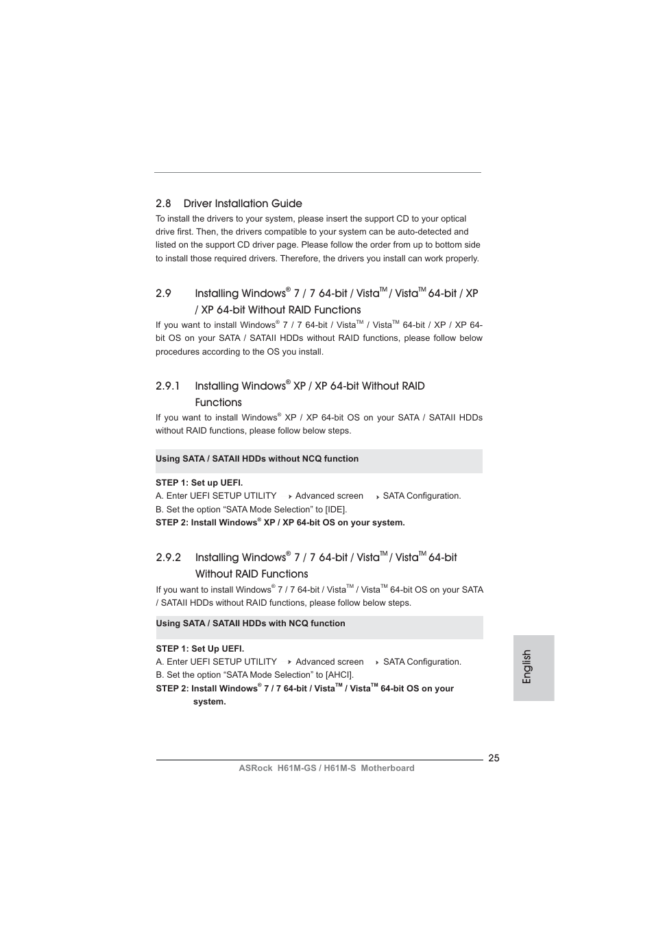 English 2.8 driver installation guide, 9 installing windows, 7 / 7 64-bit / vista | Vista, Bit / xp / xp 64-bit without raid functions, 1 installing windows, Xp / xp 64-bit without raid functions, 2 installing windows, Bit without raid functions | ASRock H61M-S User Manual | Page 25 / 162