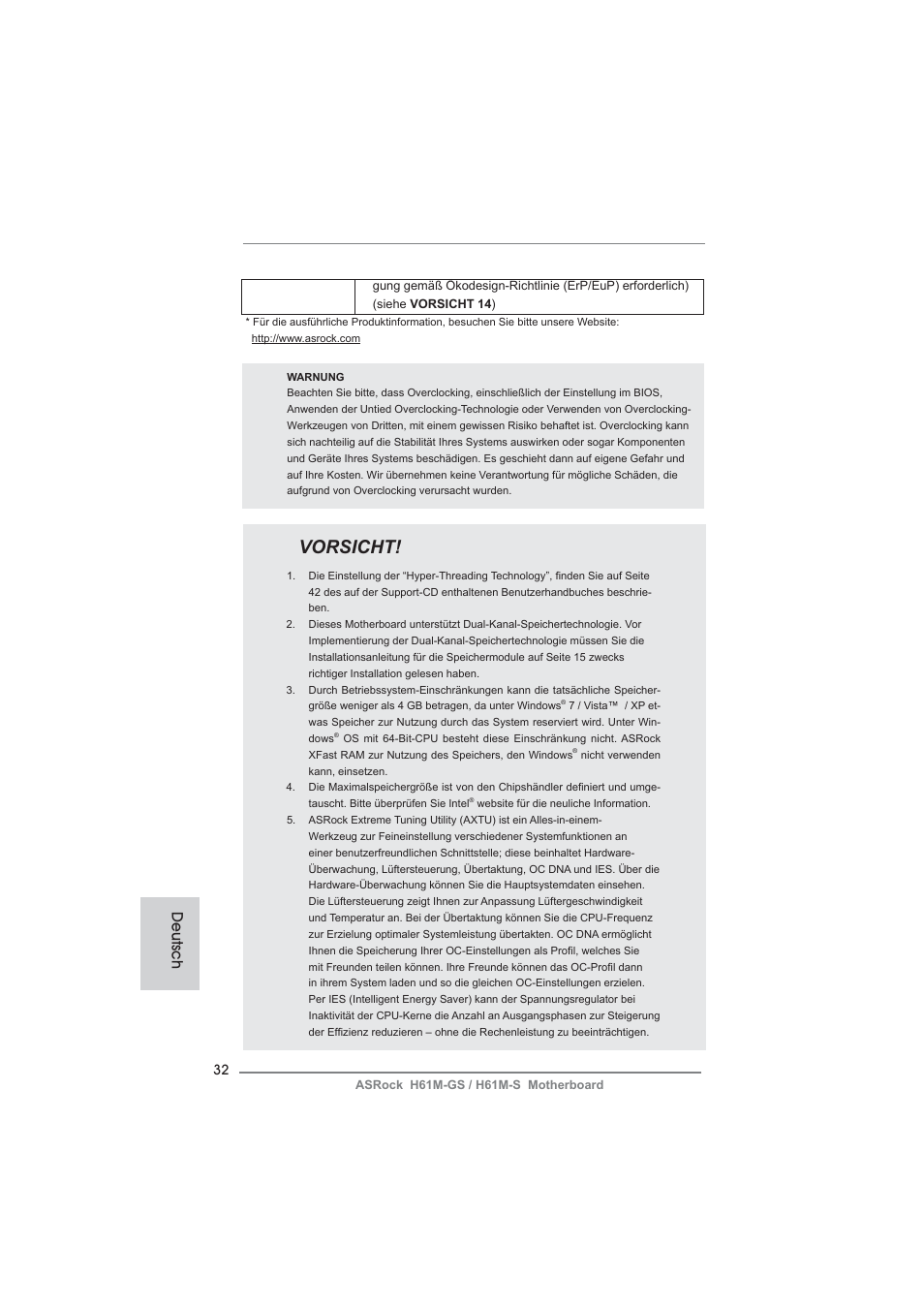 Vorsicht, Deutsch | ASRock H61M-S User Manual | Page 32 / 162