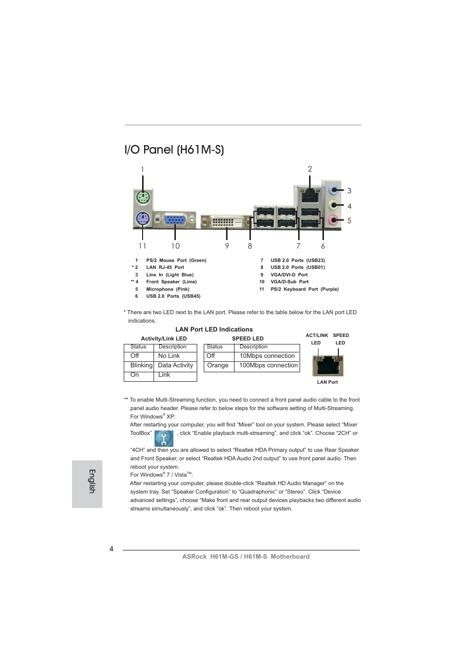 I/o panel (h61m-s), English | ASRock H61M-S User Manual | Page 4 / 162