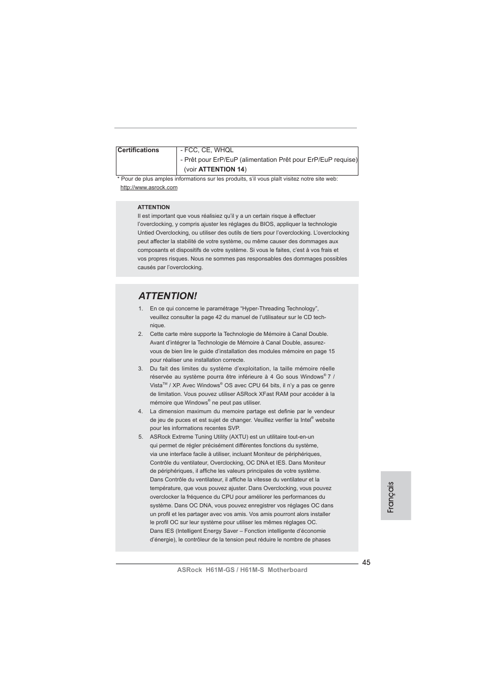 Attention, Français | ASRock H61M-S User Manual | Page 45 / 162