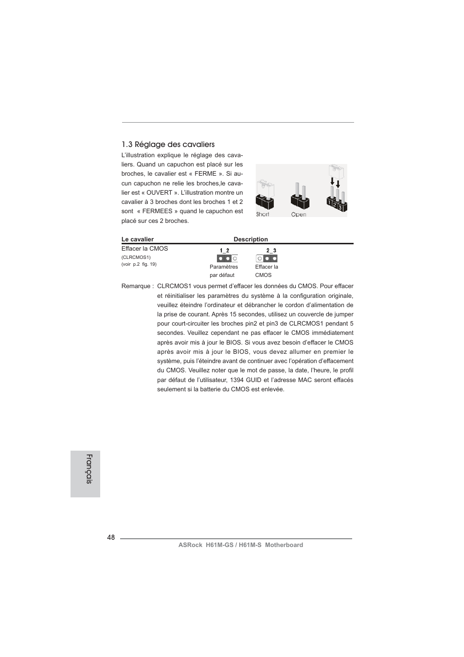 3 réglage des cavaliers, Français | ASRock H61M-S User Manual | Page 48 / 162