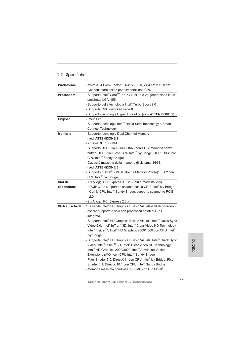 Italiano 1.2 specifiche | ASRock H61M-S User Manual | Page 55 / 162