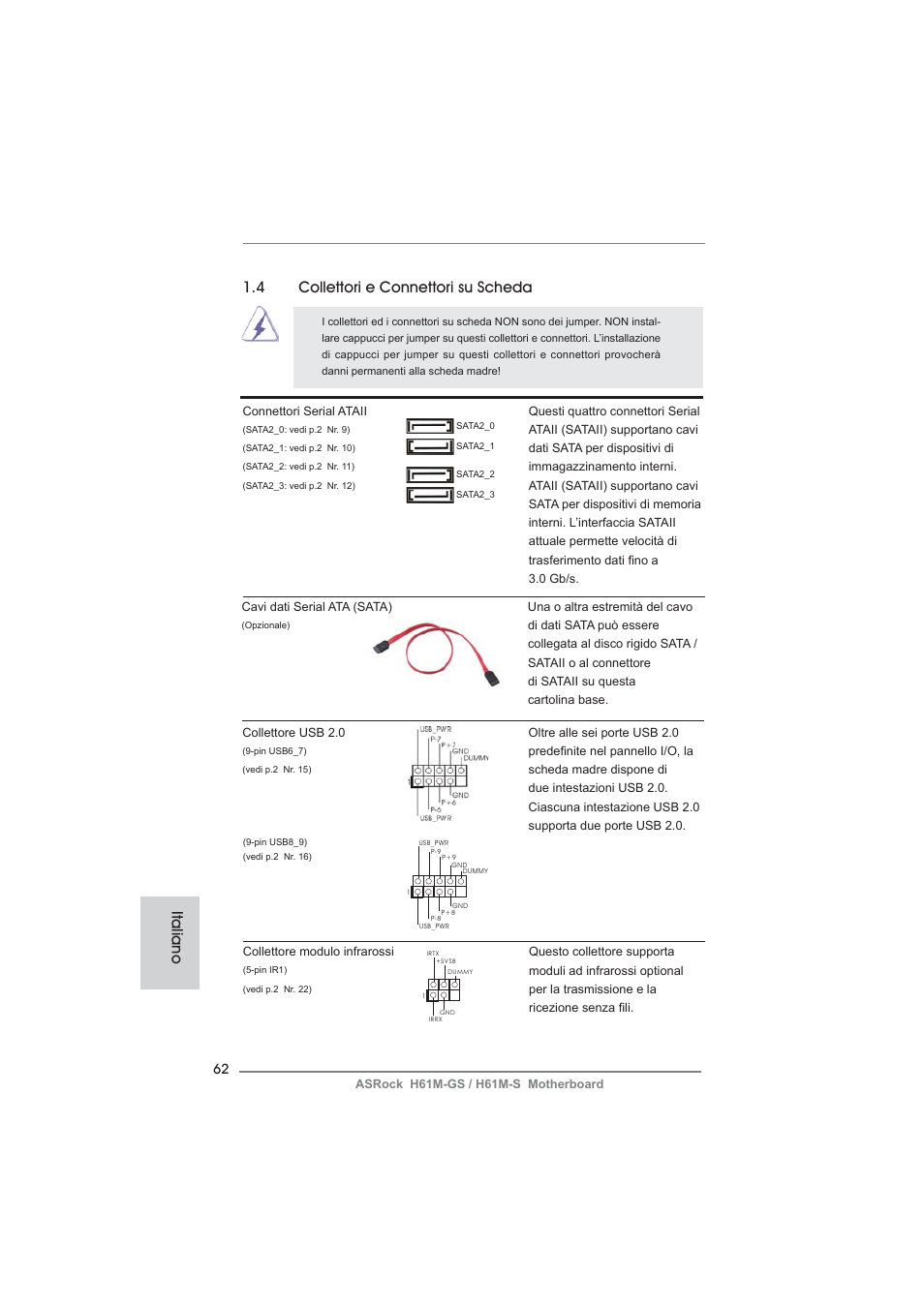 4 collettori e connettori su scheda, Italiano | ASRock H61M-S User Manual | Page 62 / 162