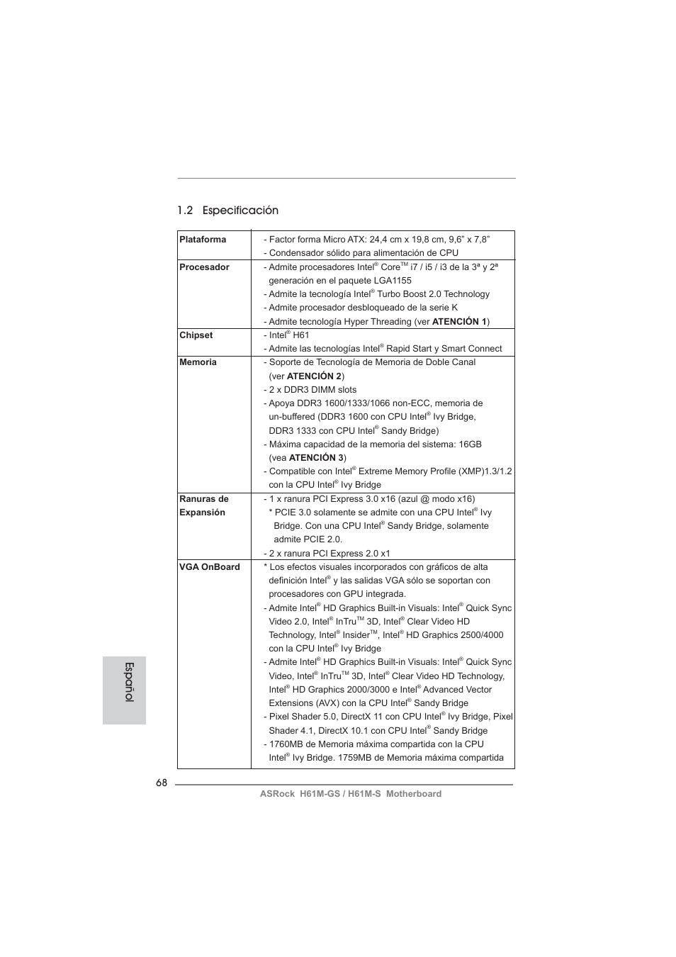 2 especificación, Español | ASRock H61M-S User Manual | Page 68 / 162