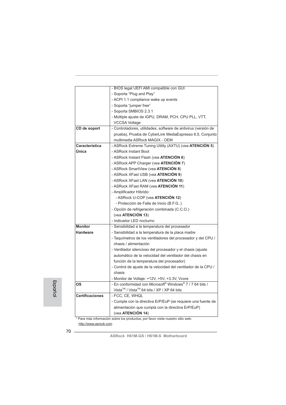 Español | ASRock H61M-S User Manual | Page 70 / 162