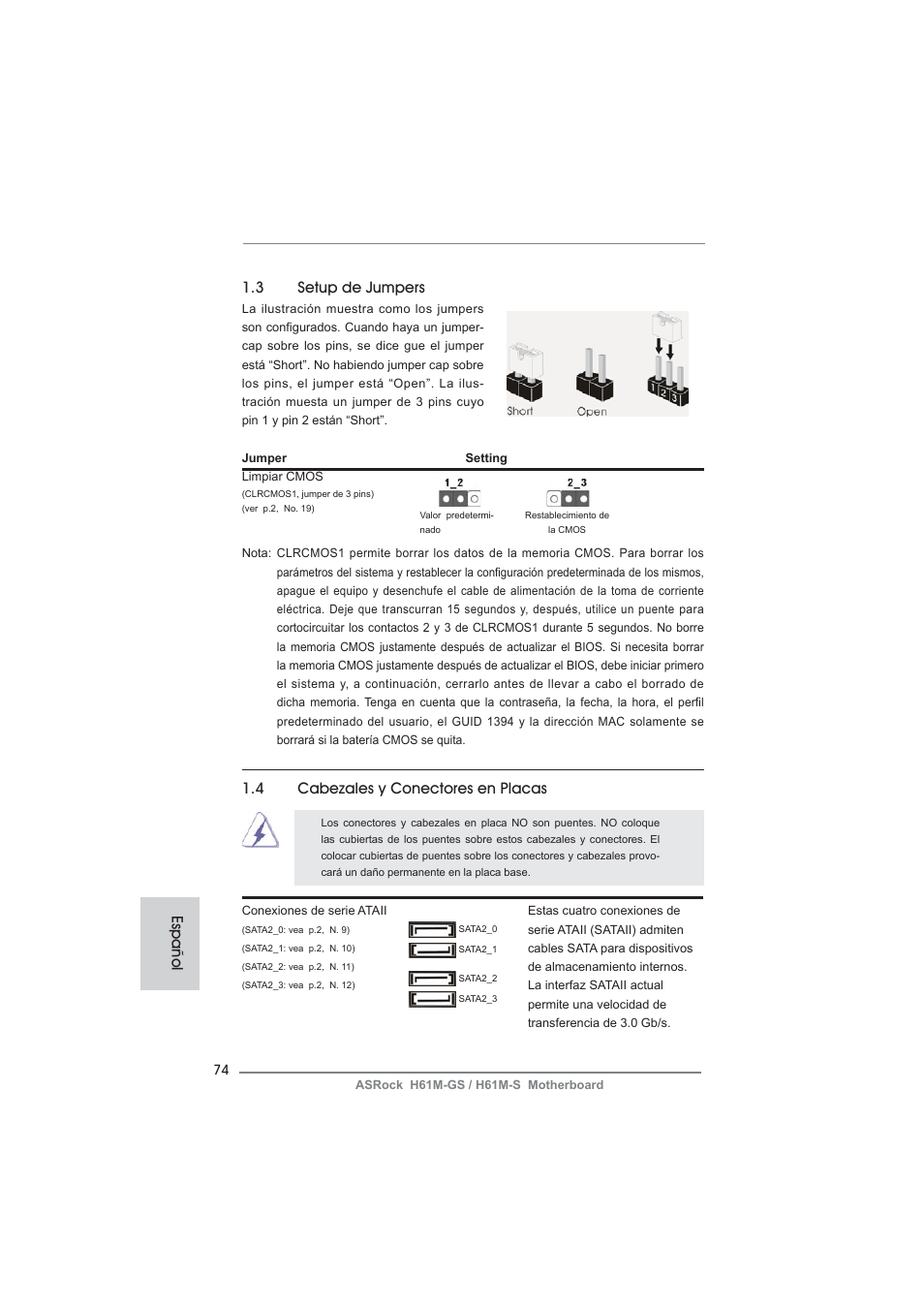 3 setup de jumpers, Español 1.4 cabezales y conectores en placas | ASRock H61M-S User Manual | Page 74 / 162