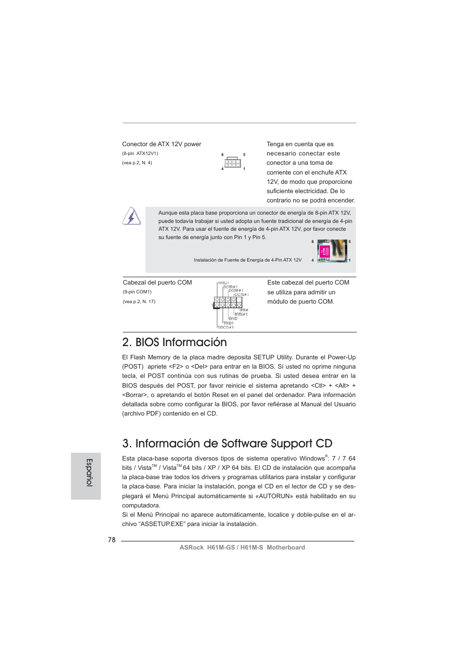 Bios información, Información de software support cd, Español | ASRock H61M-S User Manual | Page 78 / 162