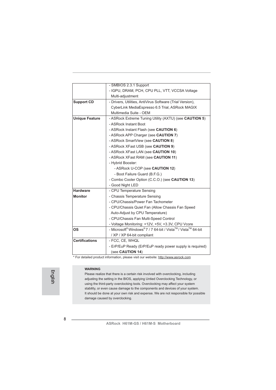 English | ASRock H61M-S User Manual | Page 8 / 162