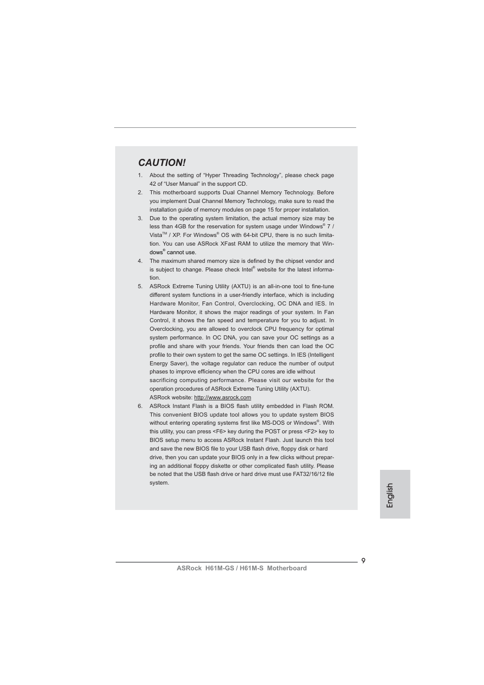 Caution, English | ASRock H61M-S User Manual | Page 9 / 162