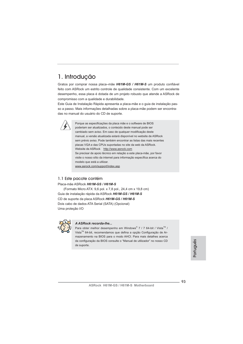 Portuguese, Introdução, Po rtuguês | 1 este pacote contém | ASRock H61M-S User Manual | Page 93 / 162