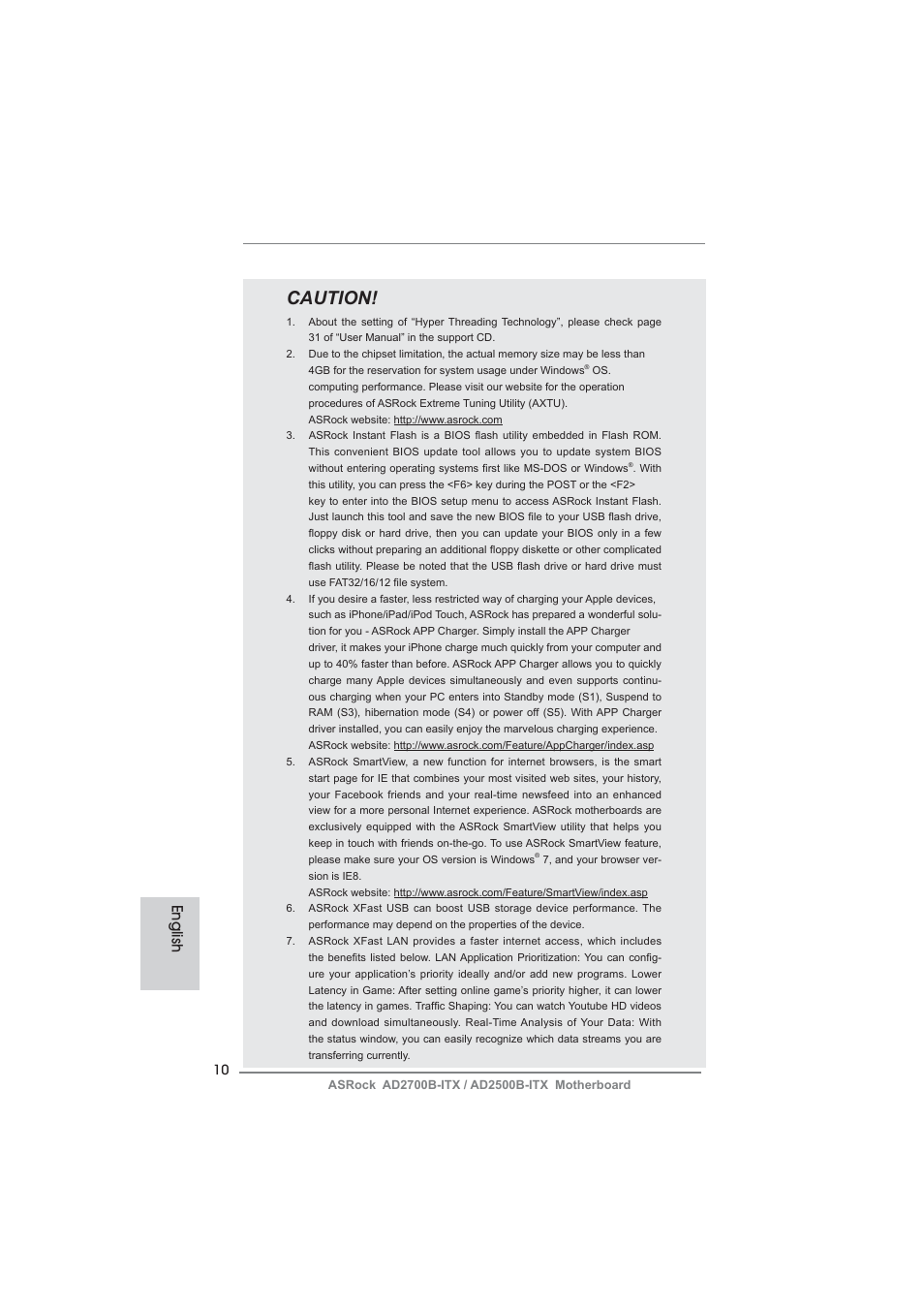 Caution, English | ASRock AD2700B-ITX User Manual | Page 10 / 143