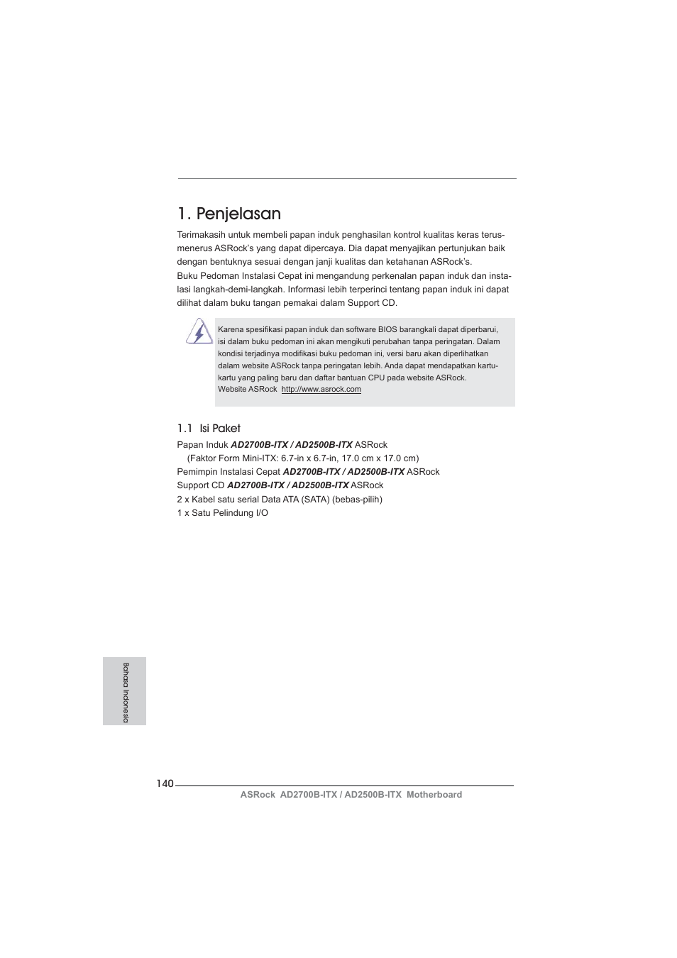 Indonesian, Penjelasan, 1 isi paket | ASRock AD2700B-ITX User Manual | Page 140 / 143