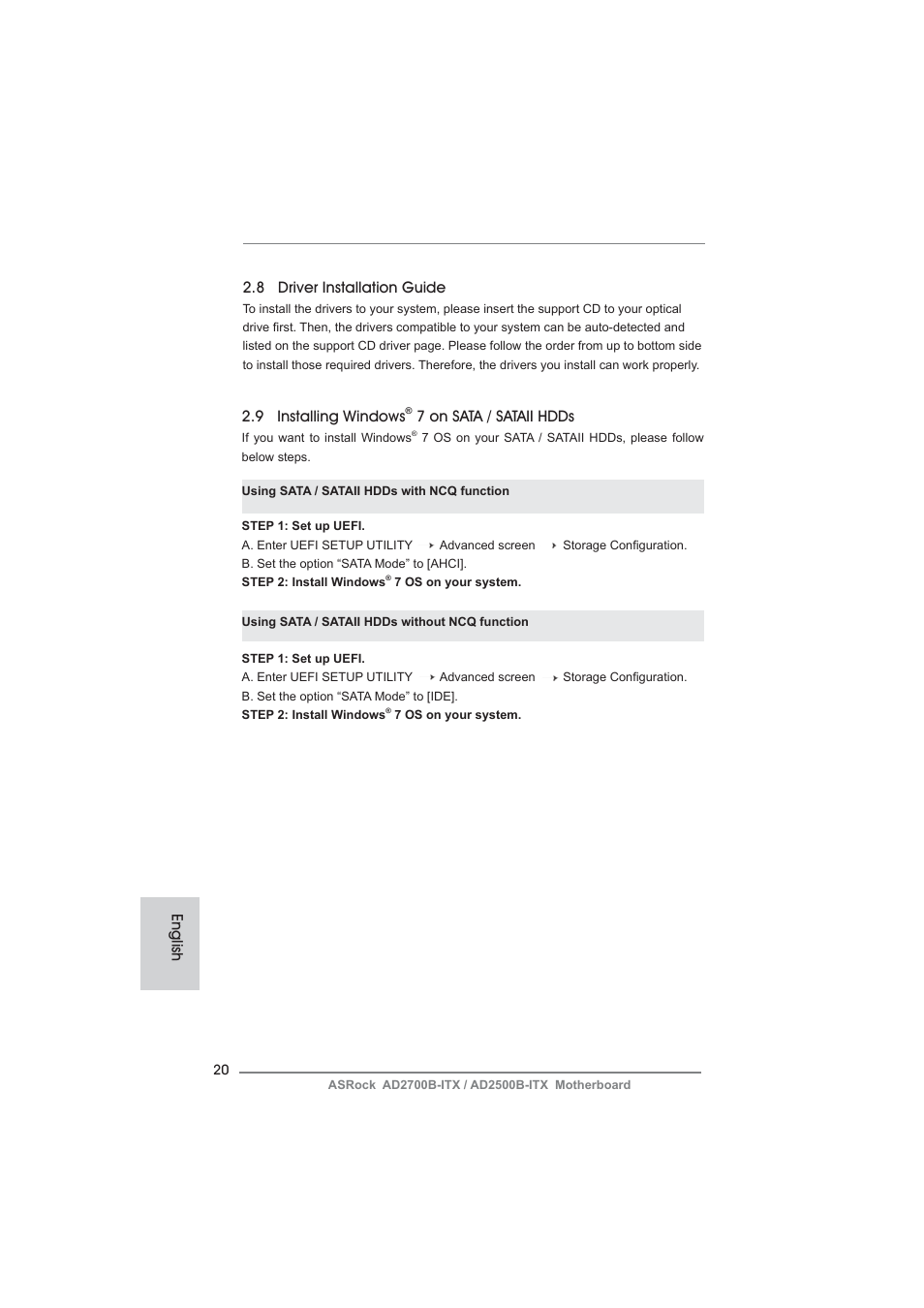 English 2.8 driver installation guide, 9 installing windows, 7 on sata / sataii hdds | ASRock AD2700B-ITX User Manual | Page 20 / 143