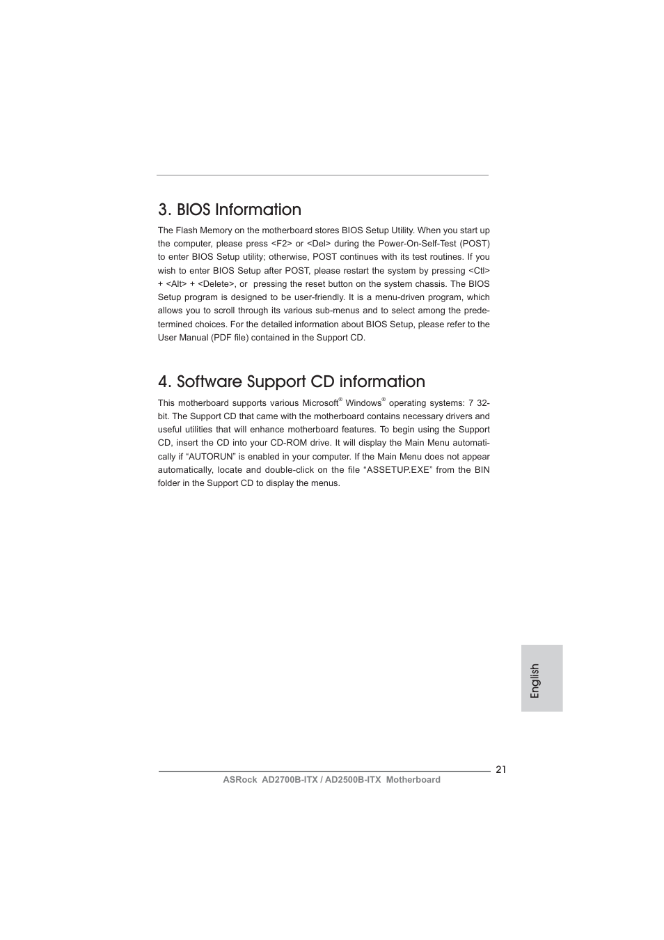 Bios information, Software support cd information | ASRock AD2700B-ITX User Manual | Page 21 / 143